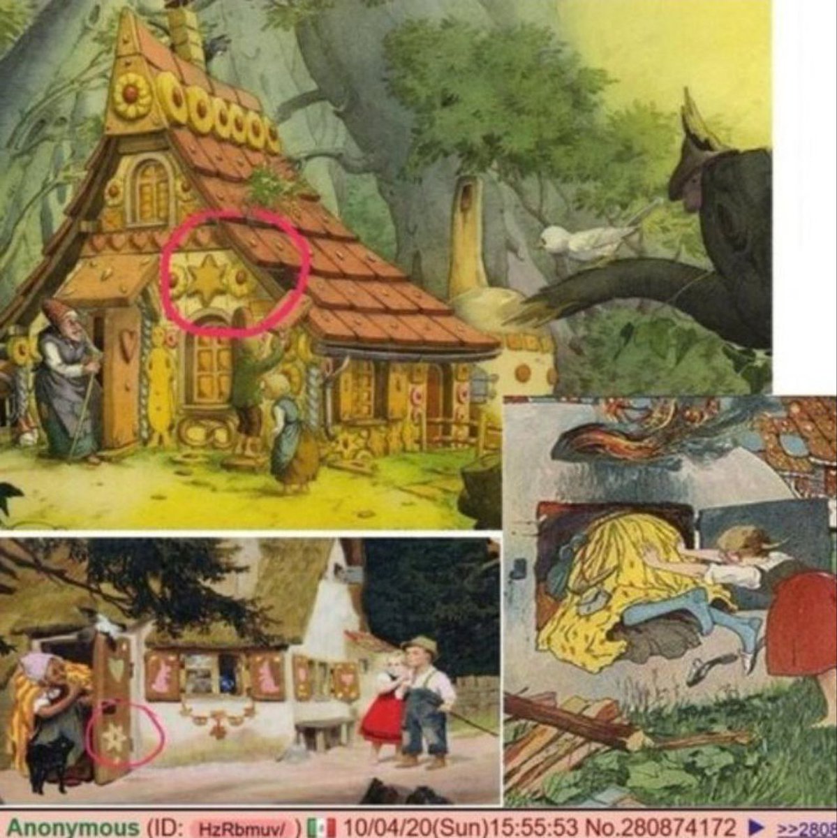 Look closely to the symbol adorning the gingerbread house of the witch in Hansel & Gretel.